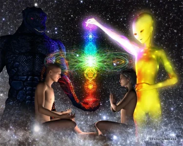 reptilian dark blue light being and two humans sitting on the ground.webp